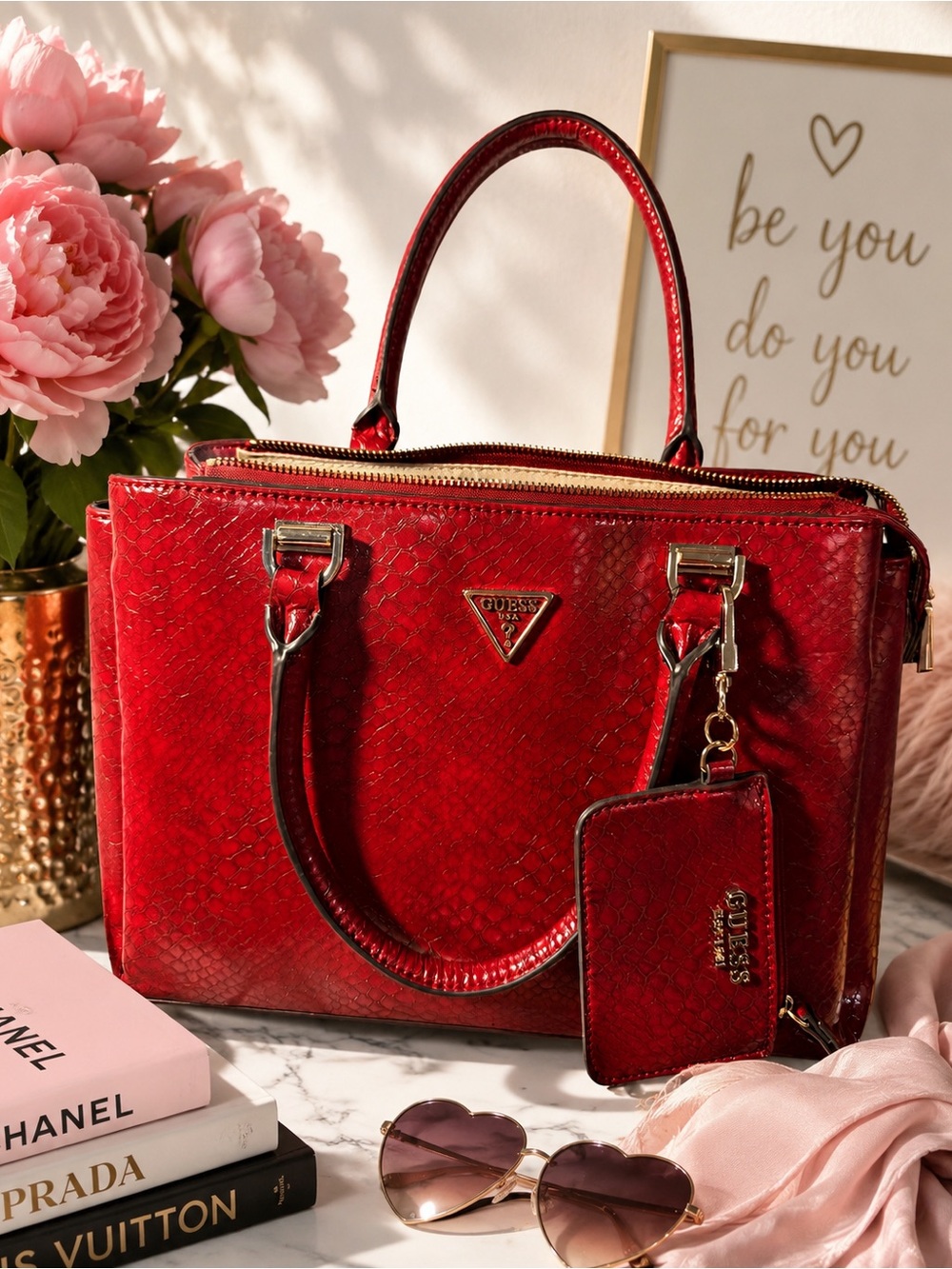 GUESS Red Patent Satchel with Matching Card Holder